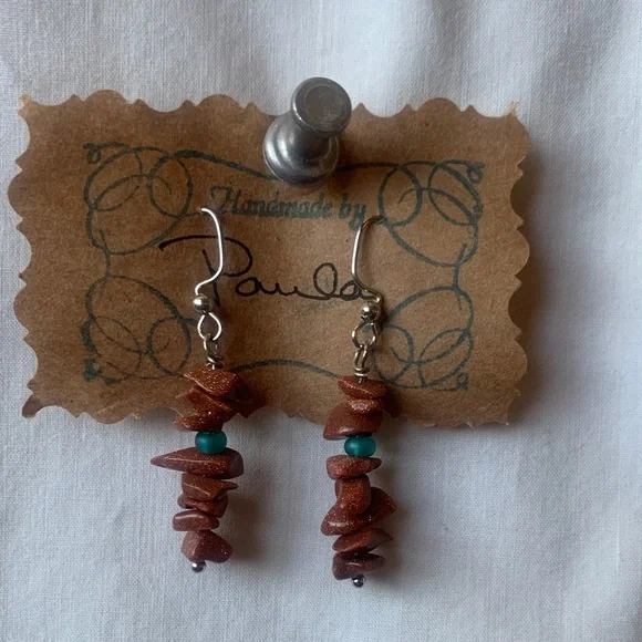Handmade Goldstone Natural Stone w/ Turquoise Glass Bead Earrings - Picture 2 of 5